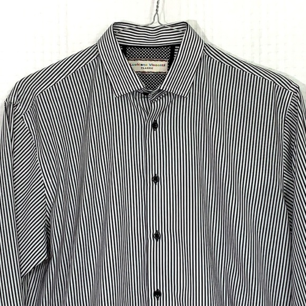 Luchiano Viscante men’s Medium‎ black & white striped long sleeve shirt. EUC